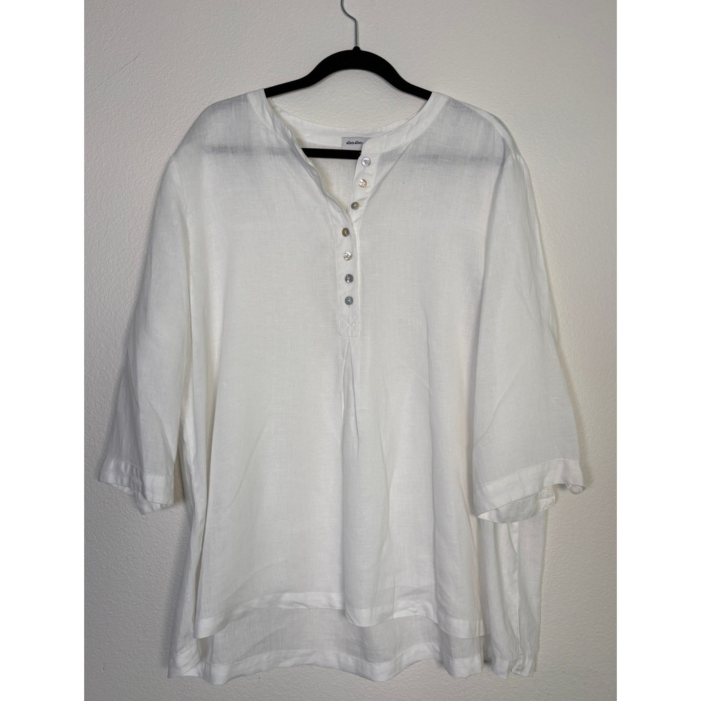 Allen Allen USA White Linen Tunic Top 1X Button Front 3/4 Sleeve Coastal Blouse